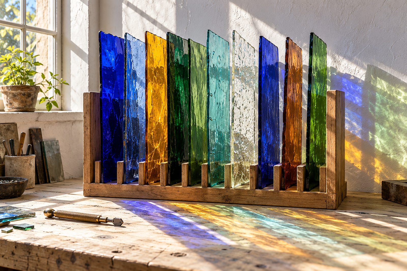 Mundgeblasene Antikglastafeln in Blau, Bernstein, Grün und Türkis stehen in einem Holzgestell; die Sonne wirft farbige Flecken auf Werkbank und Wand