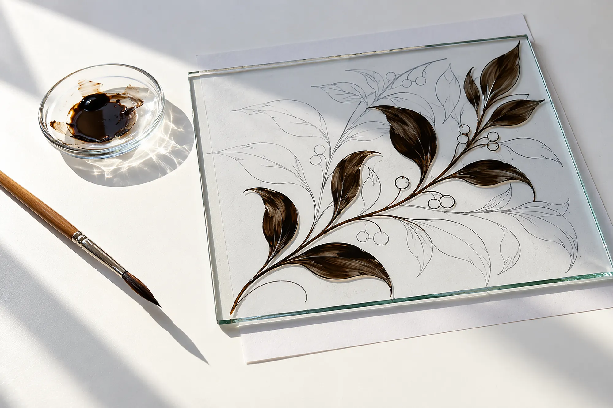 Glasmalerei auf einem weißen Tisch: Blattranke in brauner Schwarzlotfarbe, halb fertig gemalt, darunter die Vorzeichnung auf Papier, daneben Pinsel und Farbschale